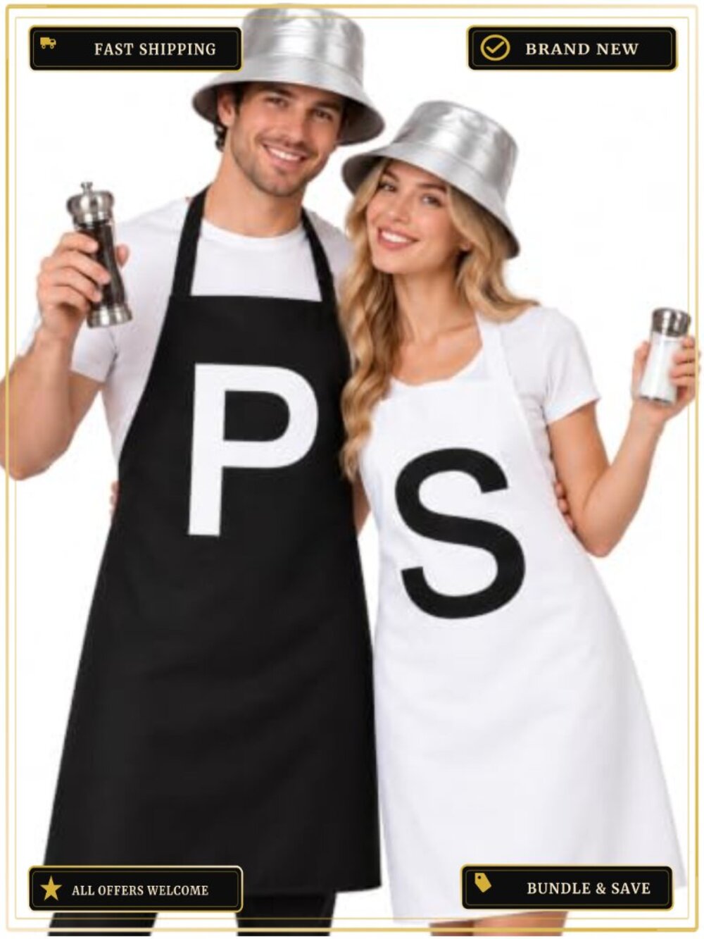 Salt Pepper Costume Set 6 Pcs Aprons Bucket Hats Stickers Adult Halloween
